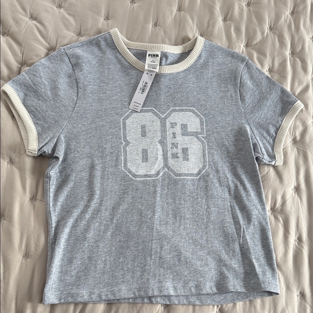PINK Victoria's Secret Heather Gray Tee with Cream Accents